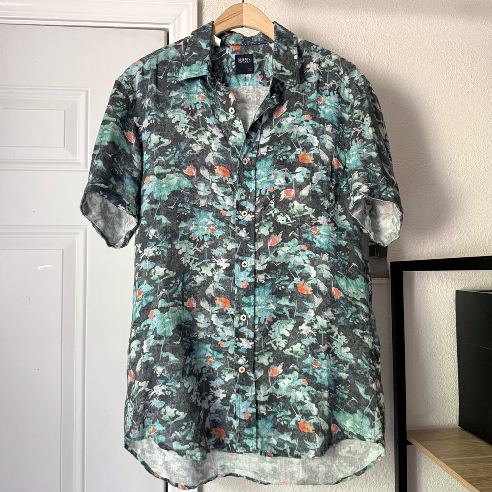 BENSON NEW YORK‎ blue black watercolor floral linen short sleeve button up shirt